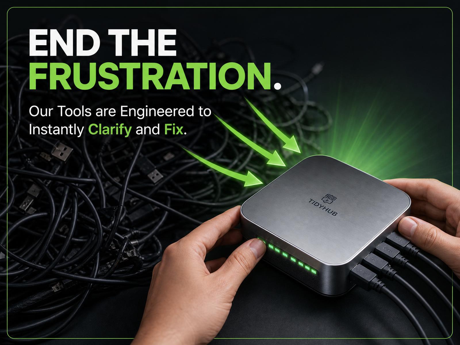 Hands using a metallic smart hub with green arrows resolving a tangled mess of cables
