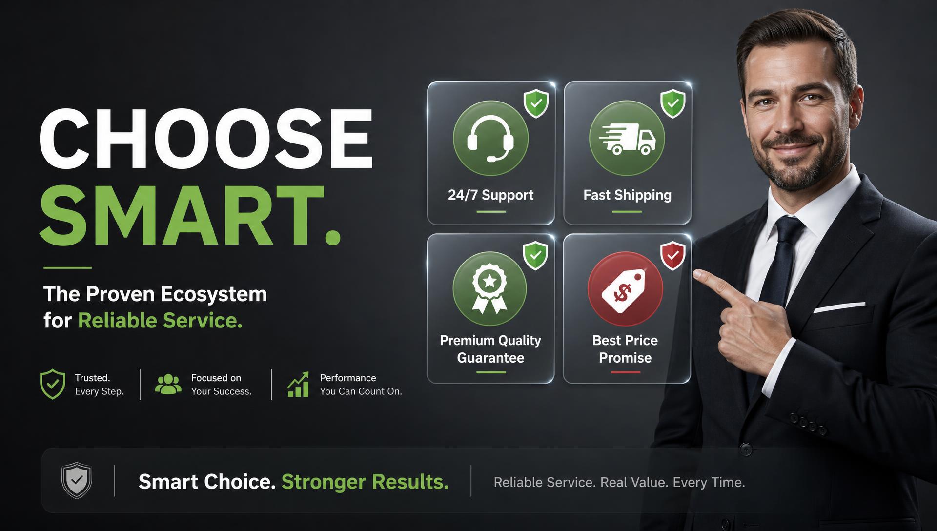 Choose Smart banner: businessman pointing at cards for 24/7 support, fast shipping, premium quality guarantee and best price promise